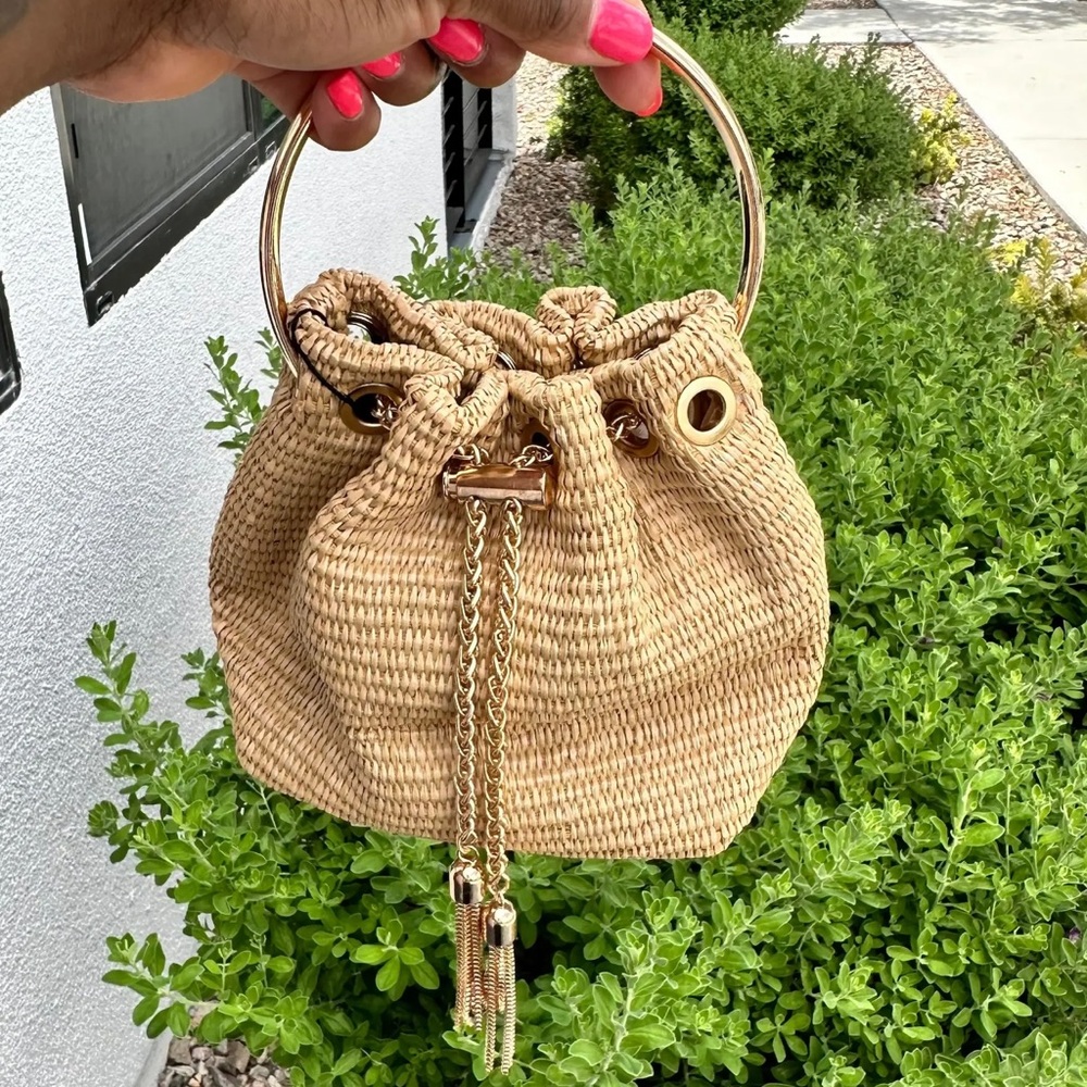 Gold Woven Top Handle Crossbody Bag